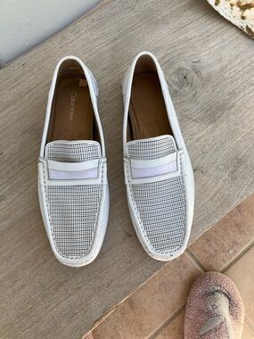 Calvin Klein Men’s White Perforated Leather Slip-On Loafers